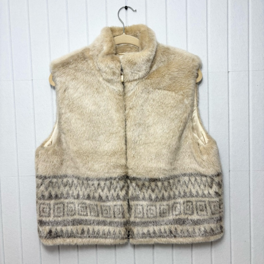 Mondi Sport Border Print Faux Fur Vest sleeveless jacket coat zip up Size 42 / L
